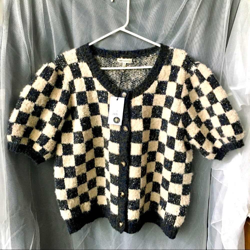 Checkerboard Cardigan✨Puff sleeves✨Saint Geraldine✨XL✨NWT